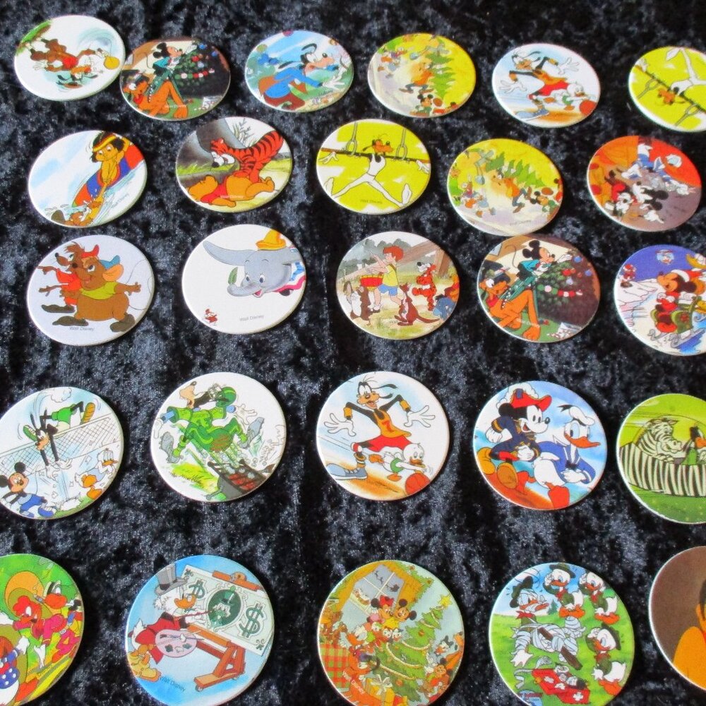 Vintage Lot of 26 Walt Disney Pogs (Mickey Mouse, Pluto, Dumbo, Goofy, Pooh +)
